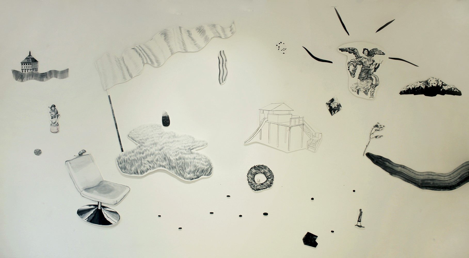 „Active memories”, zidna instalacija-crtež, akvarel na papiru (kaširan na kartonu) 630 × 300 cm, Galerija OZONE, 2019.